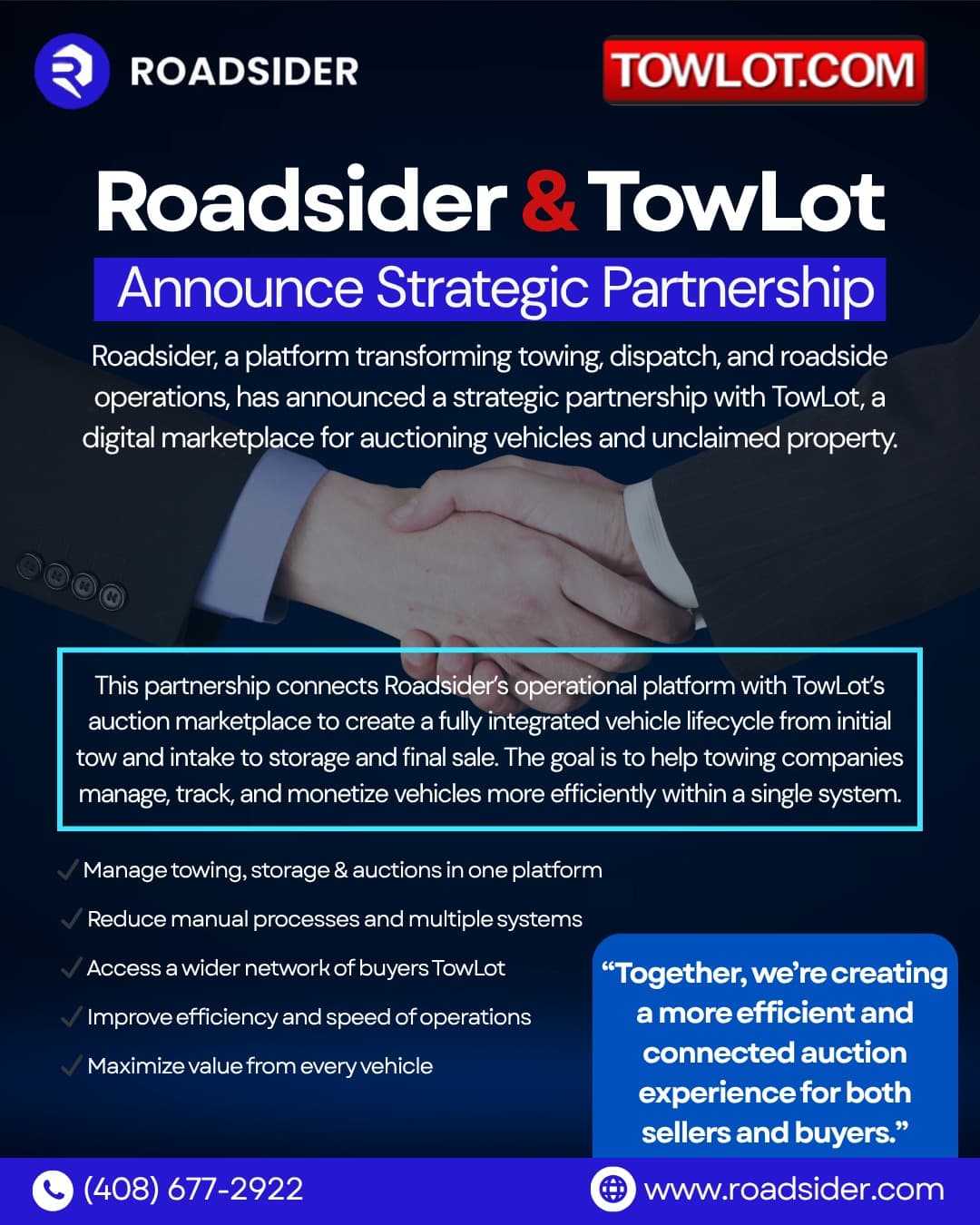 Roadsider and TowLot Announce Strategic Partnership to Bring End-to-End Vehicle Lifecycle and Auctions Into One Platform